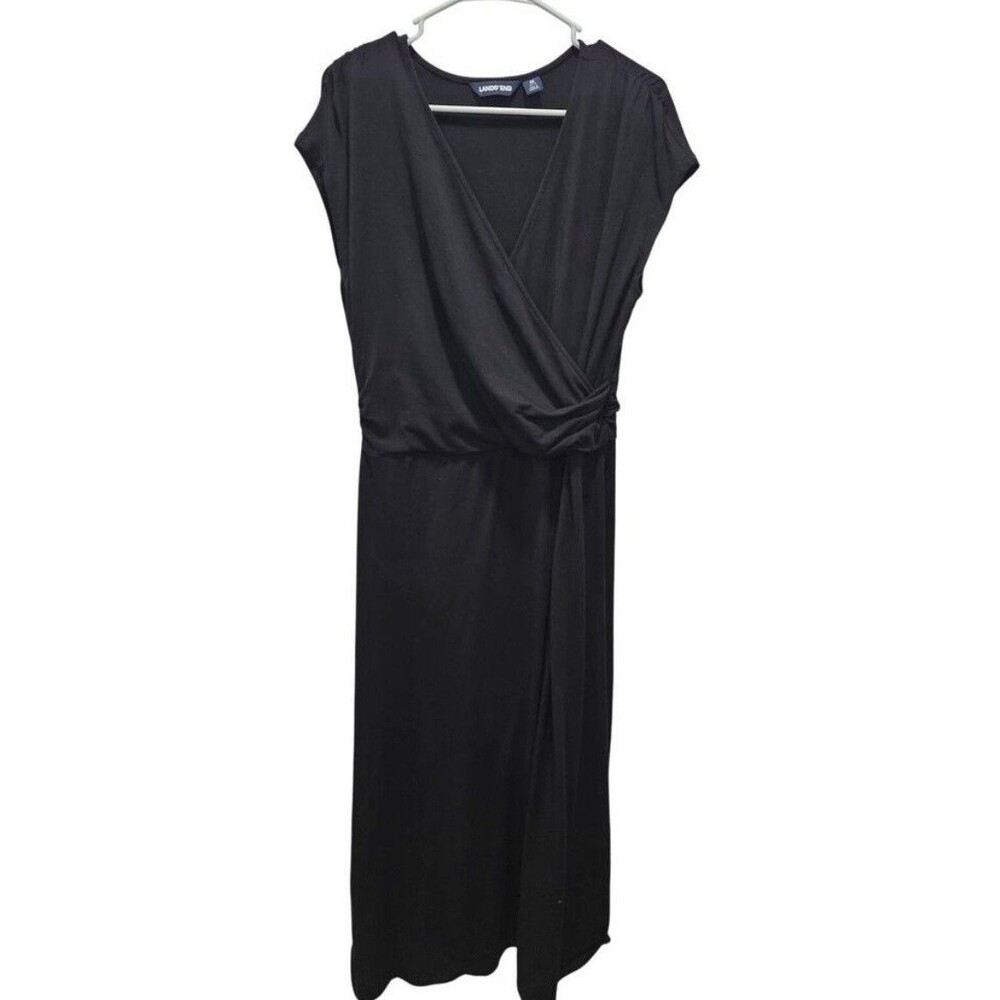 Woman’s Lands' End Black JerseyFaux Wrap Flattering Ruched Waist Maxi Dress Sz S